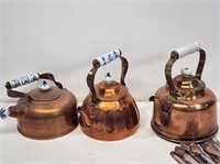 3 Copper Tea Kettles with China Handles