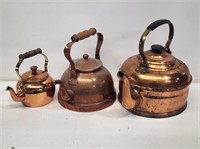3 Copper Tea Kettles with Wooden Handles