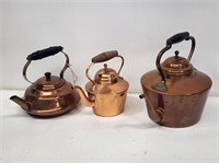 3 Copper Tea Kettles with Wooden Handles