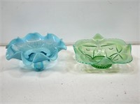 Green and Blue Opalescent Footed Bowls
