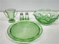 5 Pieces of Green Depression Glass