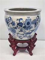 Large Blue and White China Planter with Stand
