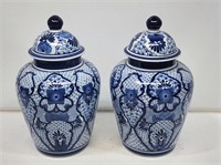 2 Blue and White China Ginger Jars with Lids