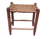 Primitive Wooden Footstool with Woven Seat