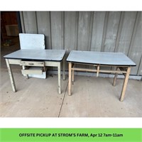 Two Enamel Top Work Tables, w/ Extra Top