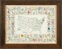 Embroidered Map of U.S. State Flowers, Framed.