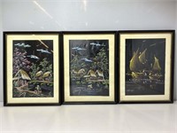 3 Framed Paintings On Silk