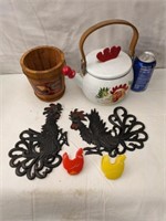 Rooster Teapot, Bucket, Metal Wall Hangings, Etc