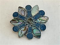Sterling Abalone/Turquoise Inlaid Brooch 7.8gr TW