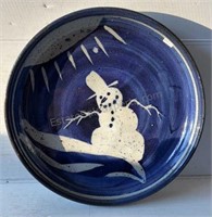 Pottery Snowman Plate Blue Signed 9” R