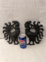2 Cast Iron Rooster Wall Hangings 9" tall