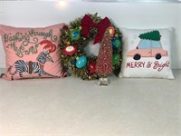 2-Christmas Pillows, Wreath, Small Tree, 16in Tall