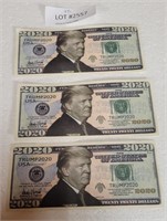 3 DONALD TRUMP 2020 DOLLAR BILLS (FAKE MONEY)