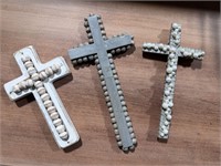 Three Decorative Beaded Wooden Crosses