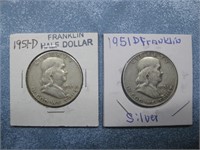 Two 1951-D Franklin Half Dollars 90% Silver