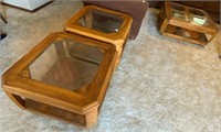 Coffee Table & 2 End Tables Wood w/Beveled Glass