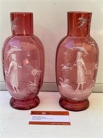 2 x Antique Mary Gregory Red Glass Vases H240