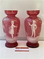 2 x Antique Mary Gregory Red Glass Vases H250