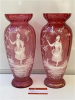 2 x Superb Large Mary Gregory Vases H360 (one