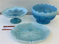 3 x Early Frosted Blue Glass Plate / Comport /