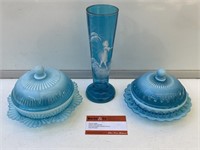 3 x Early Smoke Blue Glass inc Vase, Lolly Jars.