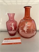 2 x Superb Early Mary Gregory Red Glass Vases.