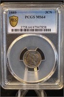1889 MS64 3 Cent Nickel Certified PCGS