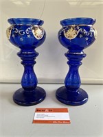 2 x Early Ornate Blue Glass Vases H250