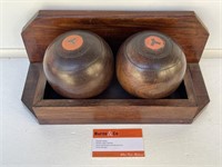 2 x Early Lawn Bowls in Wooden Rack L380