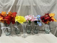 5 Matching Vases and Small Vase, w/ Flowers