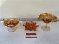 3 x Marigold Carnival Glass Bowls W150 approx