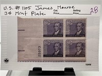 #1105 JAMES MONROE STAMP BLOCK W PL#