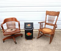 ANTIQUE ROCKING CHAIR, COAL BIN AND DESK CHAIR