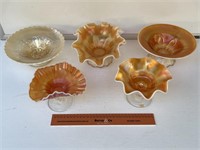 5 x Marigold Carnival Glass Bowls Avg W210