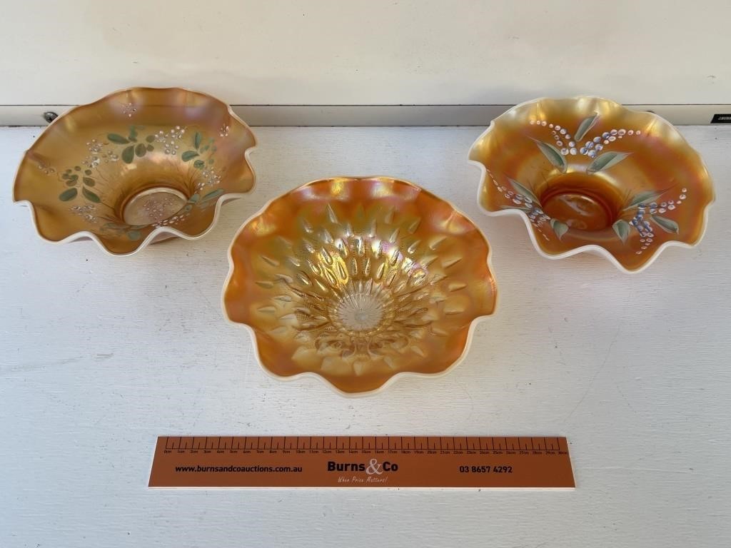 3 x Marigold Carnival Glass Bowls W200