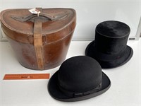 Vintage Leather Top Hat Case w/- 2 x Top Hats