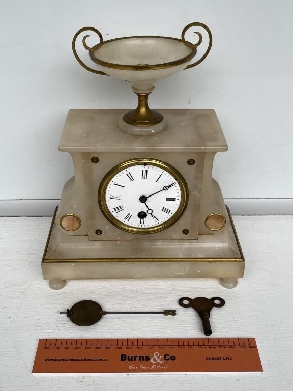 Early Marble Mantle Clock w/- Key & Pendulum H275