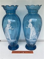 Superb Pair Antique Blue Glass Mary Gregory Vases