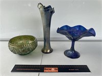 3 x Carnival Glass inc Bowl & Vase. Vase H280