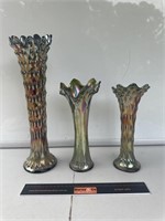 3 x Carnival Glass Vases. Tallest H400