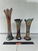 3 x Carnival Glass Vases. Tallest H380