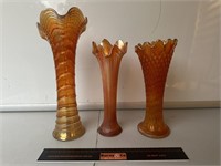 3 x Carnival Glass Vases. Tallest H320