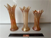 3 x Carnival Glass Vases. Tallest H280