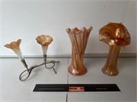 3 x Carnival Glass Vases. Tallest H235