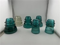Set of 6 Hemingray clear and teal blue insulators