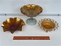 3 x Carnival Glass Bowls. Largest W230