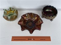3 x Carnival Glass Bowls. Largest W215