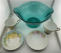 Vintage Jeannett Teal Glass bowl w/ tea cups
