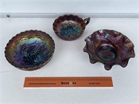 3 x Carnival Glass Bowls. Largest W200