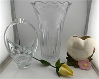 Crystal and Tuscany Glass vase w/ heart vase
